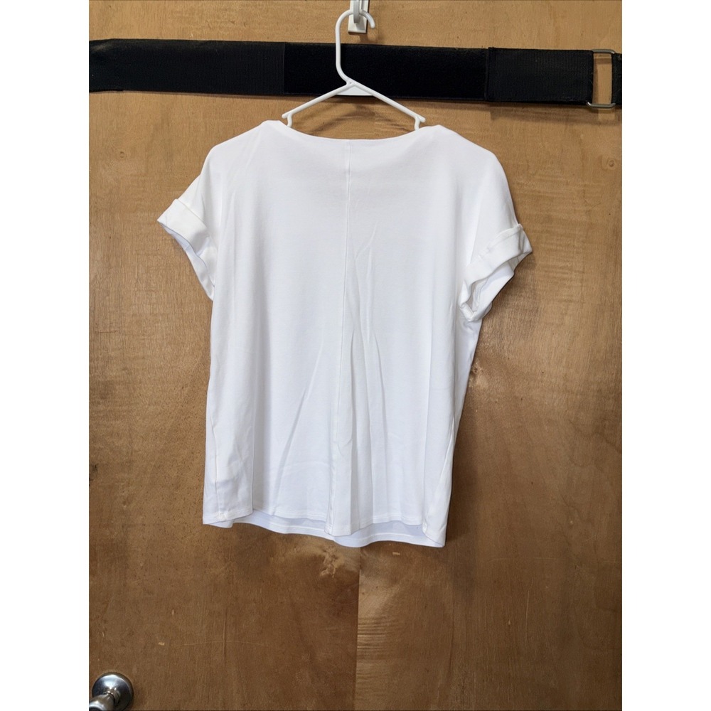 Lands' End White Solid Short Sleeve Round Neck T-Shirt Zipper Logo Women's L - Picture 4 of 8